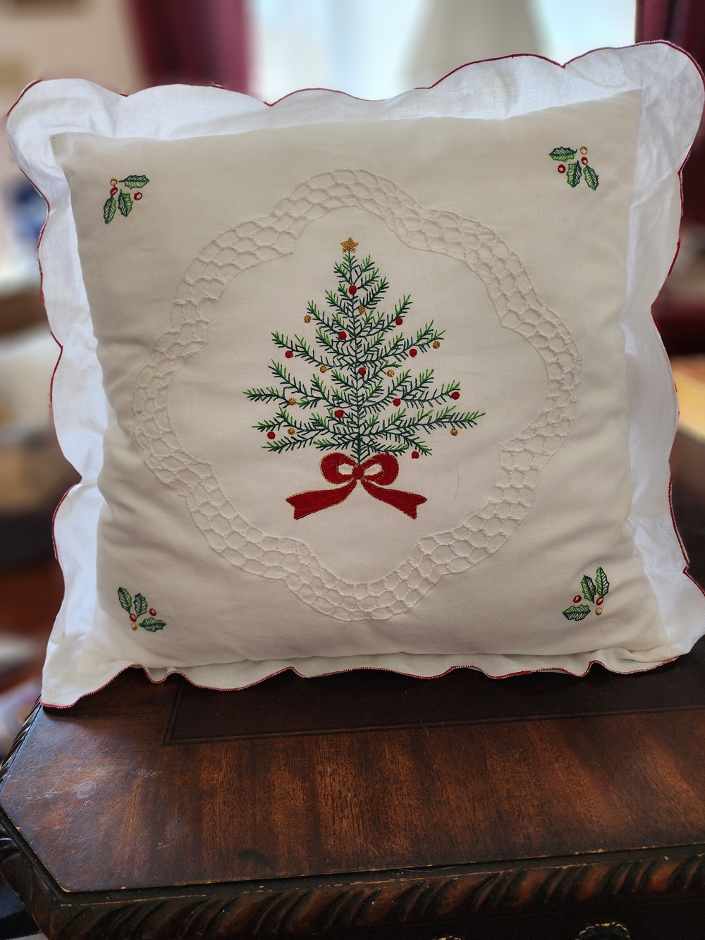 Embroidered Christmas Tree Holiday Pillow - White with Red & Green